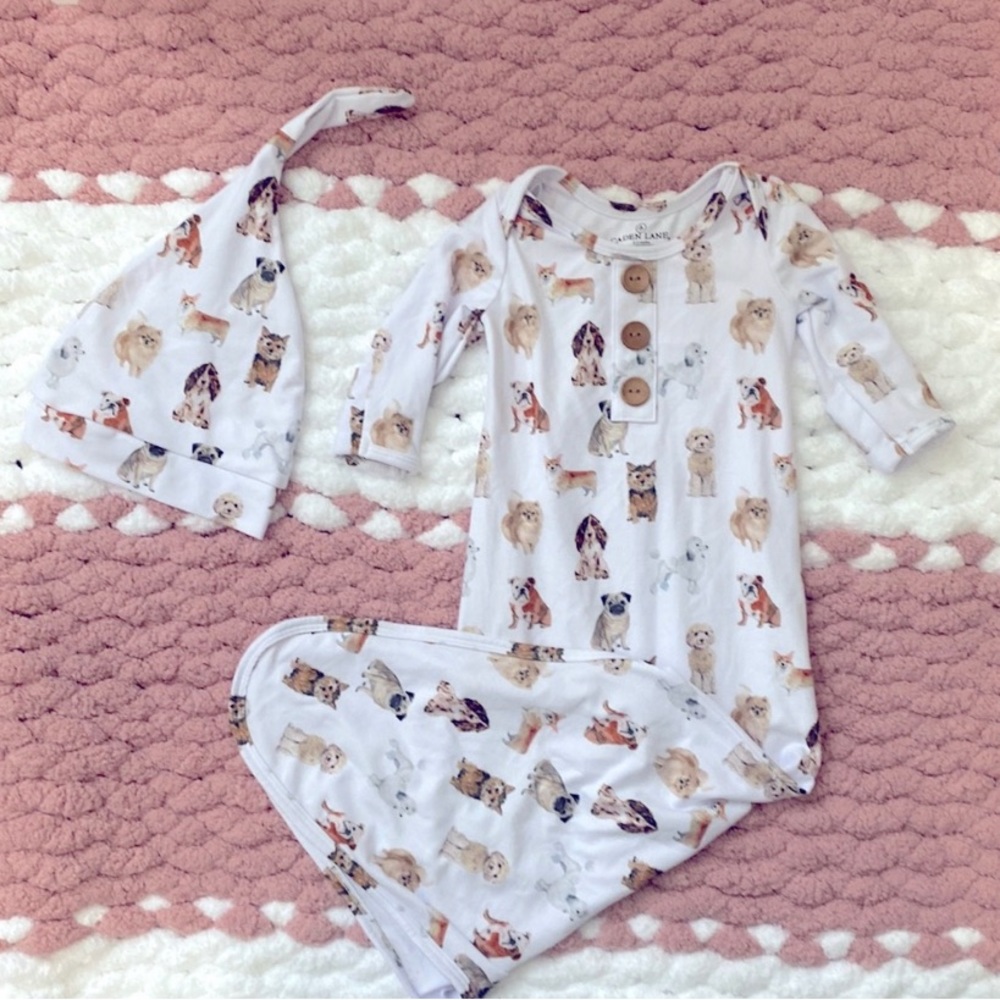 Caden Lane Puppy Love Knotted Gown + Hat 0-3 Months